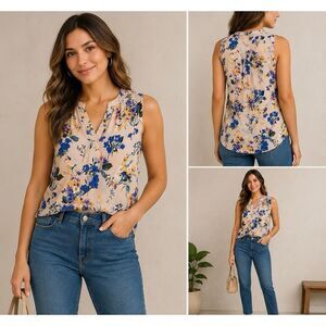 Adrianna Papell Floral Sleeveless Blouse Large Blue Yellow Office Top